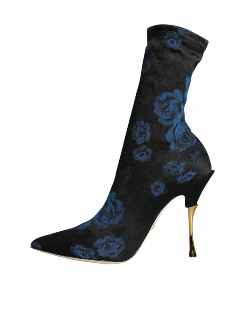 Dolce & Gabbana Black Floral Stretch Mid Calf Boots Shoes - Image 5