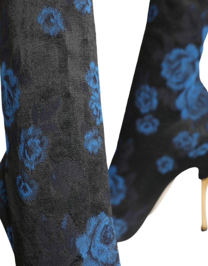 Dolce & Gabbana Black Floral Stretch Mid Calf Boots Shoes - Image 8