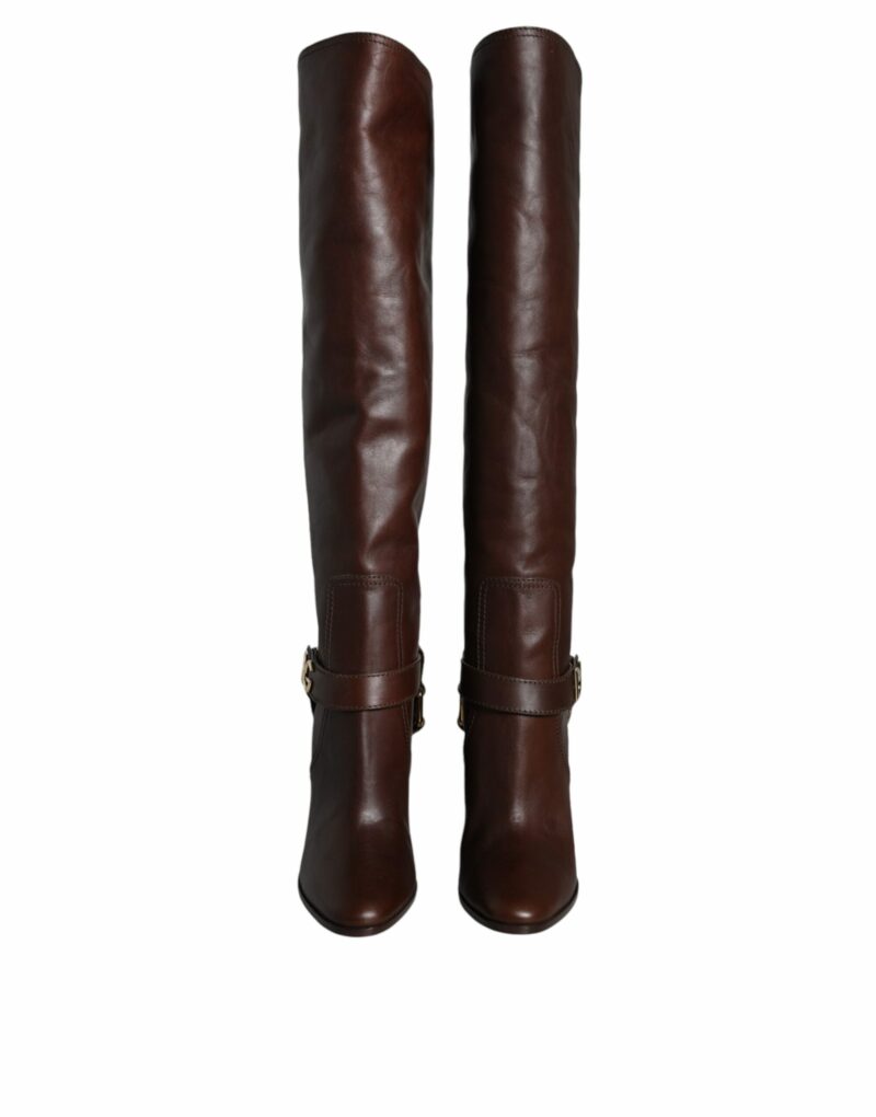 Dolce & Gabbana Brown Leather Gold Tone Logo High Boots Shoes - Image 2