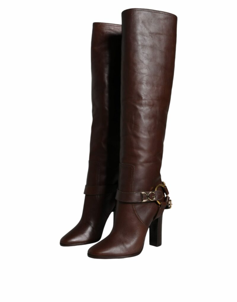Dolce & Gabbana Brown Leather Gold Tone Logo High Boots Shoes - Image 3