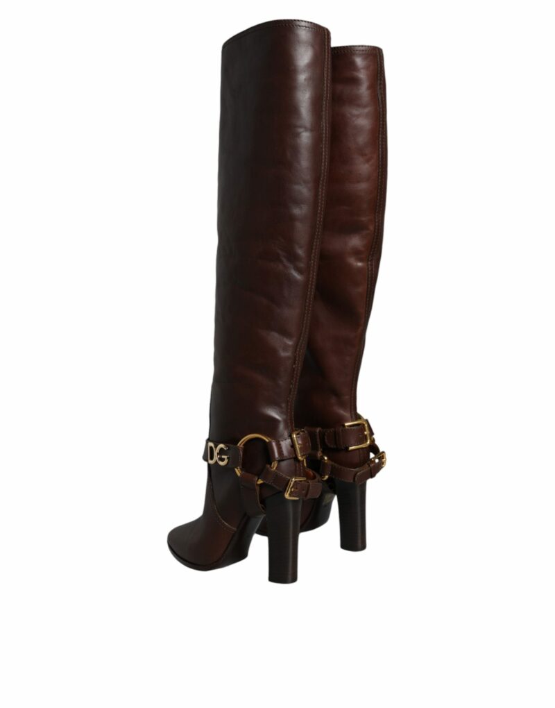 Dolce & Gabbana Brown Leather Gold Tone Logo High Boots Shoes - Image 4