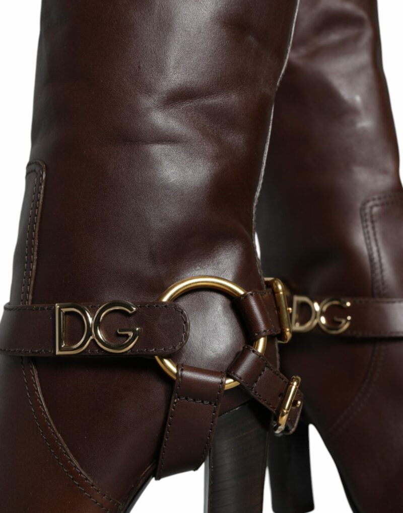 Dolce & Gabbana Brown Leather Gold Tone Logo High Boots Shoes - Image 5