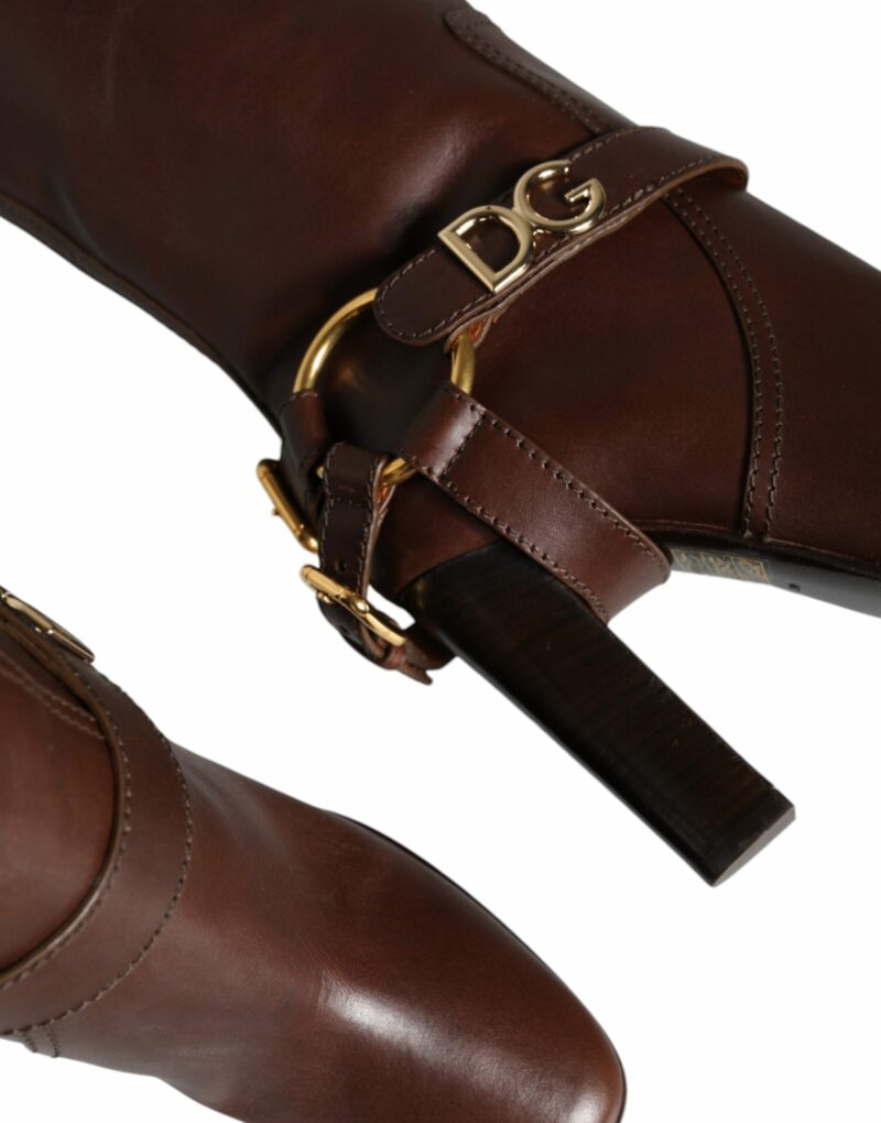Dolce & Gabbana Brown Leather Gold Tone Logo High Boots Shoes - Image 7