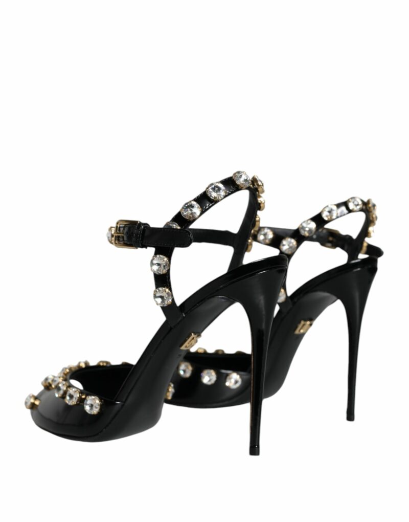 Dolce & Gabbana Black Leather Crystal Ankle Strap Sandals Shoes - Image 4
