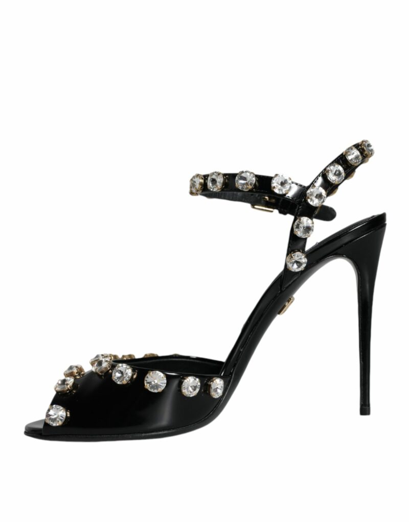 Dolce & Gabbana Black Leather Crystal Ankle Strap Sandals Shoes - Image 5