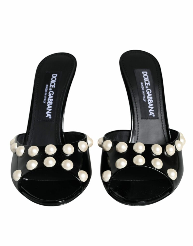Dolce & Gabbana Black Leather Pearls Slides Sandals Shoes - Image 2