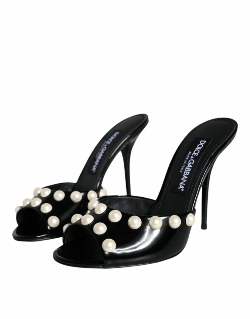 Dolce & Gabbana Black Leather Pearls Slides Sandals Shoes - Image 3