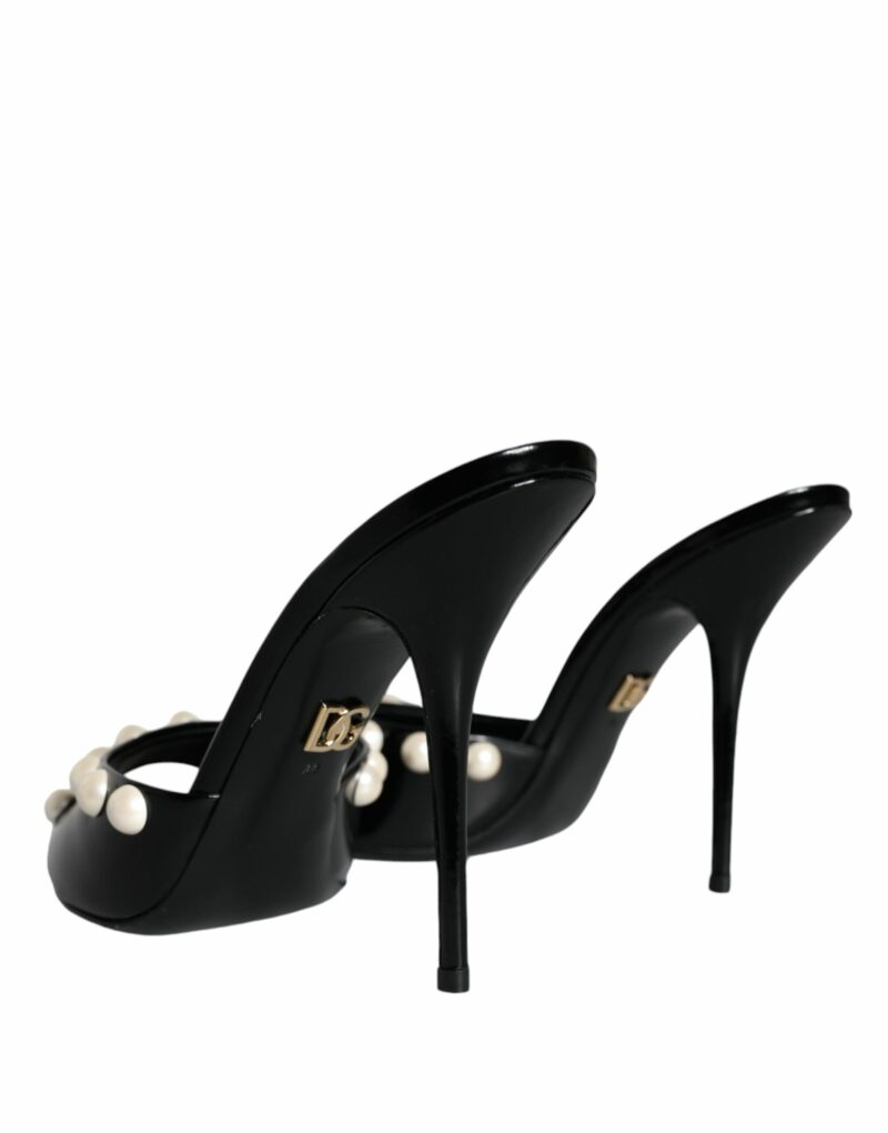 Dolce & Gabbana Black Leather Pearls Slides Sandals Shoes - Image 4