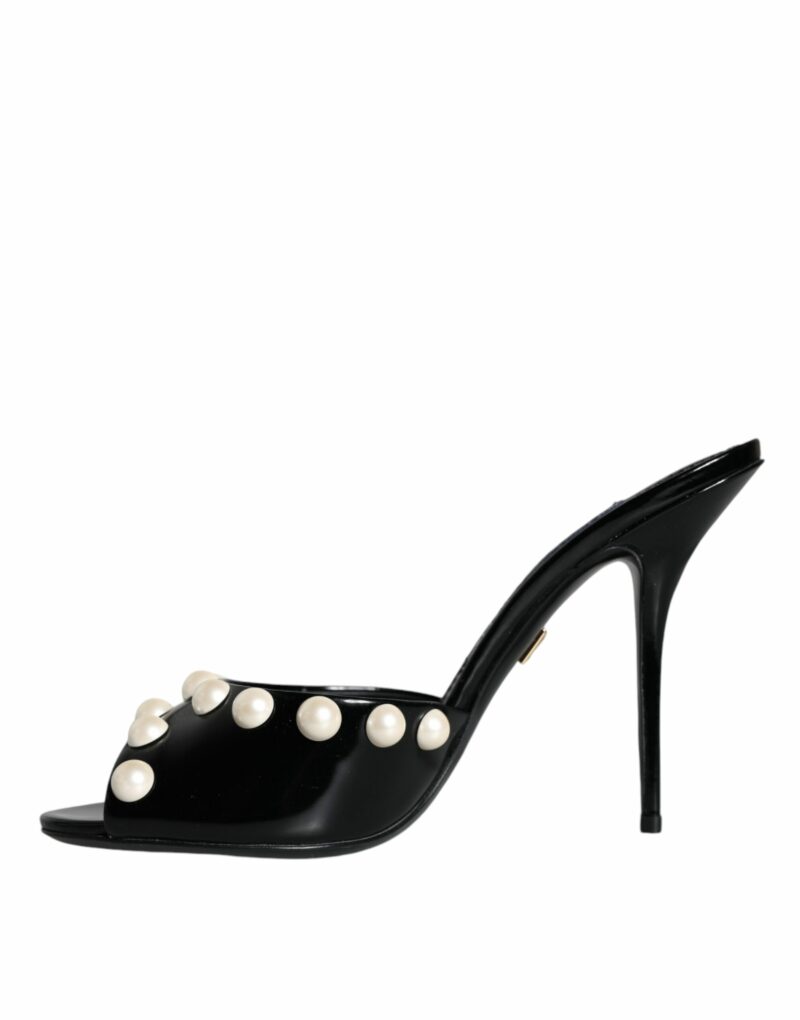 Dolce & Gabbana Black Leather Pearls Slides Sandals Shoes - Image 5
