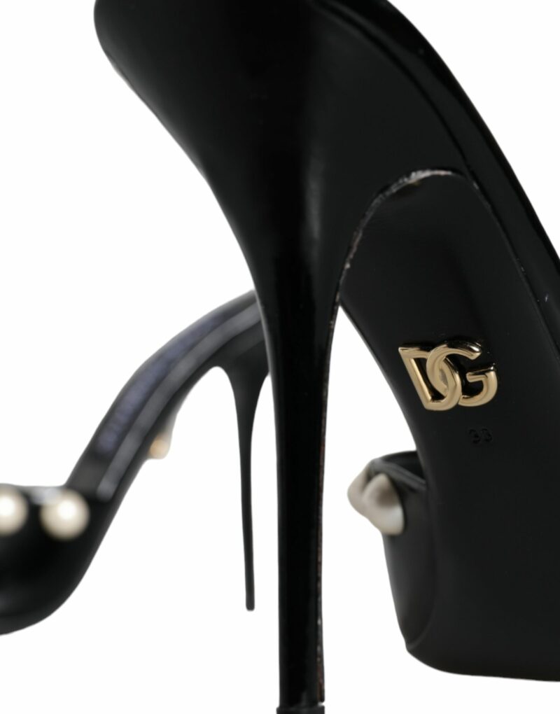 Dolce & Gabbana Black Leather Pearls Slides Sandals Shoes - Image 6