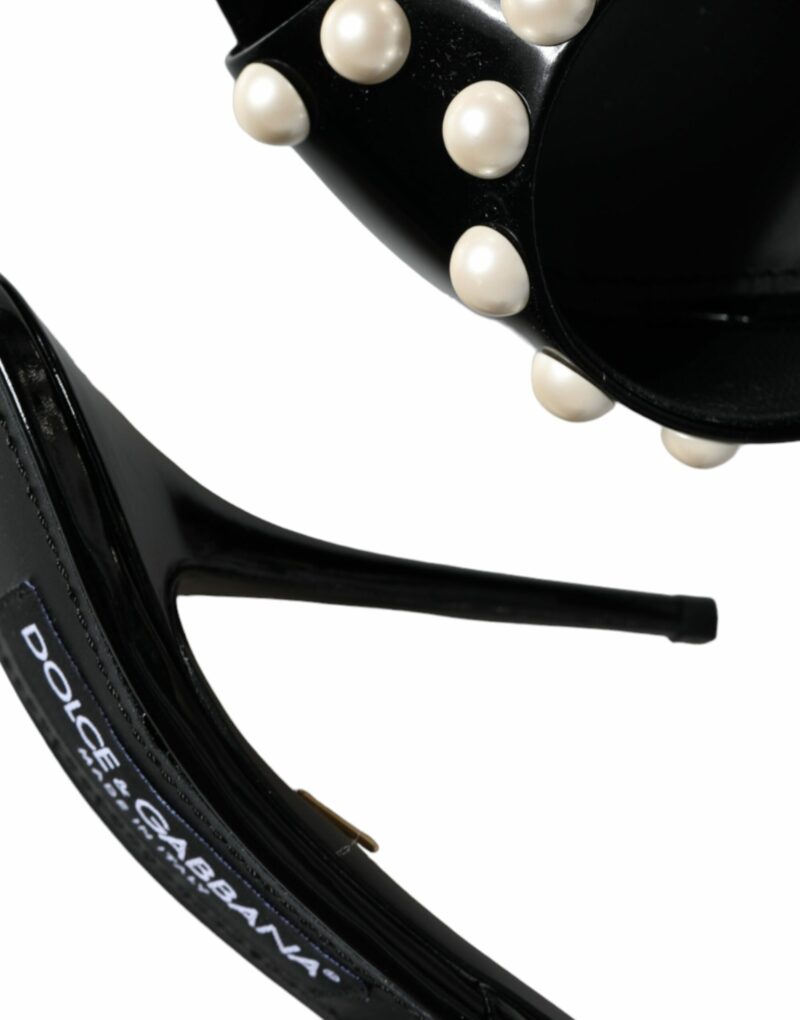 Dolce & Gabbana Black Leather Pearls Slides Sandals Shoes - Image 8