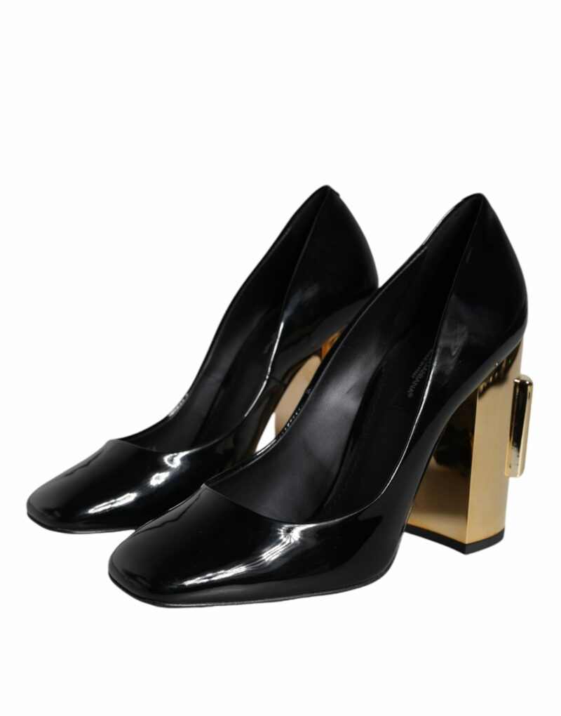 Dolce & Gabbana Black Gold Patent Leather Logo Heels Pumps Shoes - Image 3