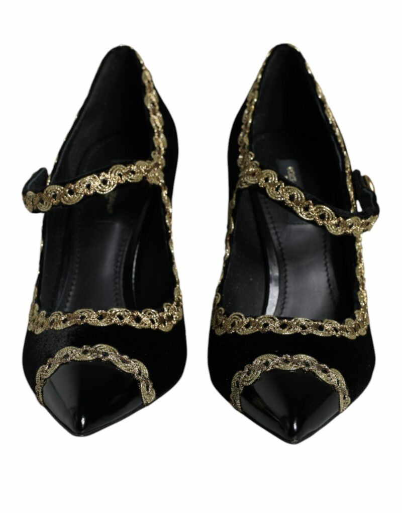 Dolce & Gabbana Black Mary Janes Velvet Gold Pumps Shoes - Image 2