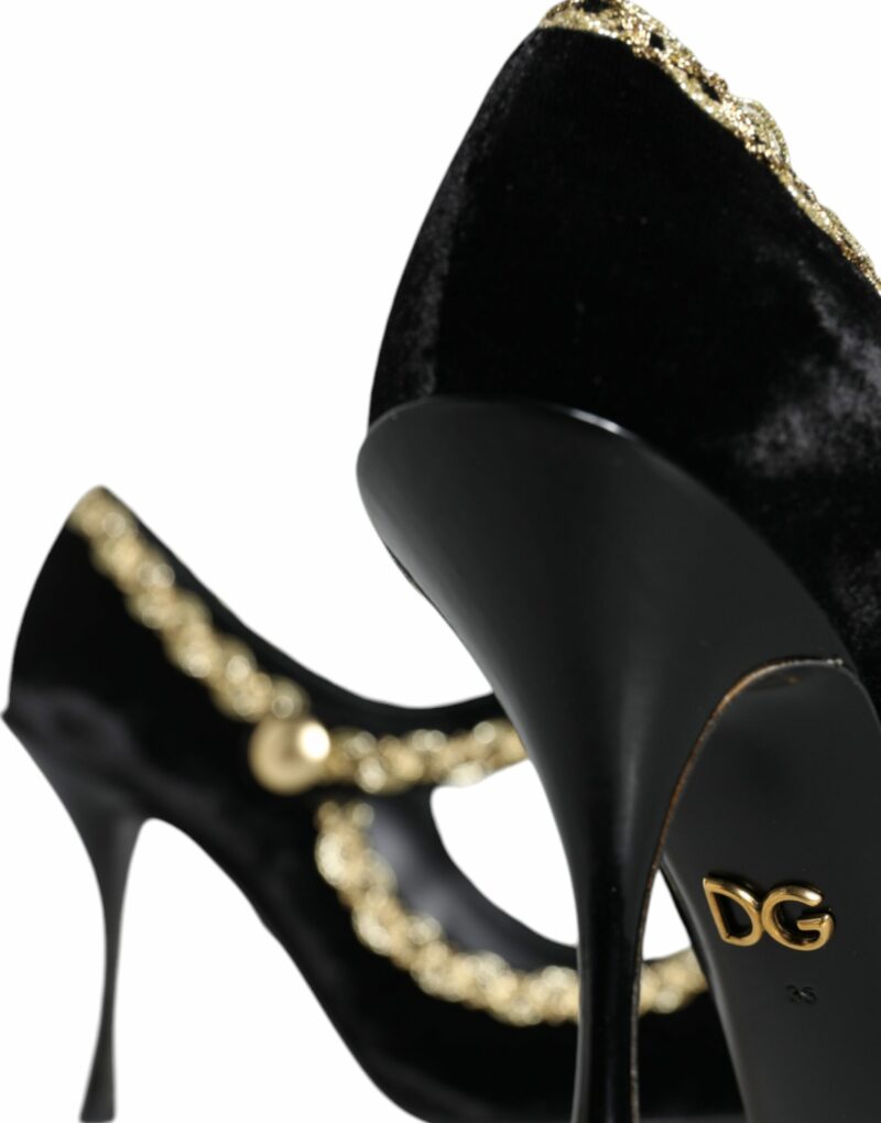 Dolce & Gabbana Black Mary Janes Velvet Gold Pumps Shoes - Image 5