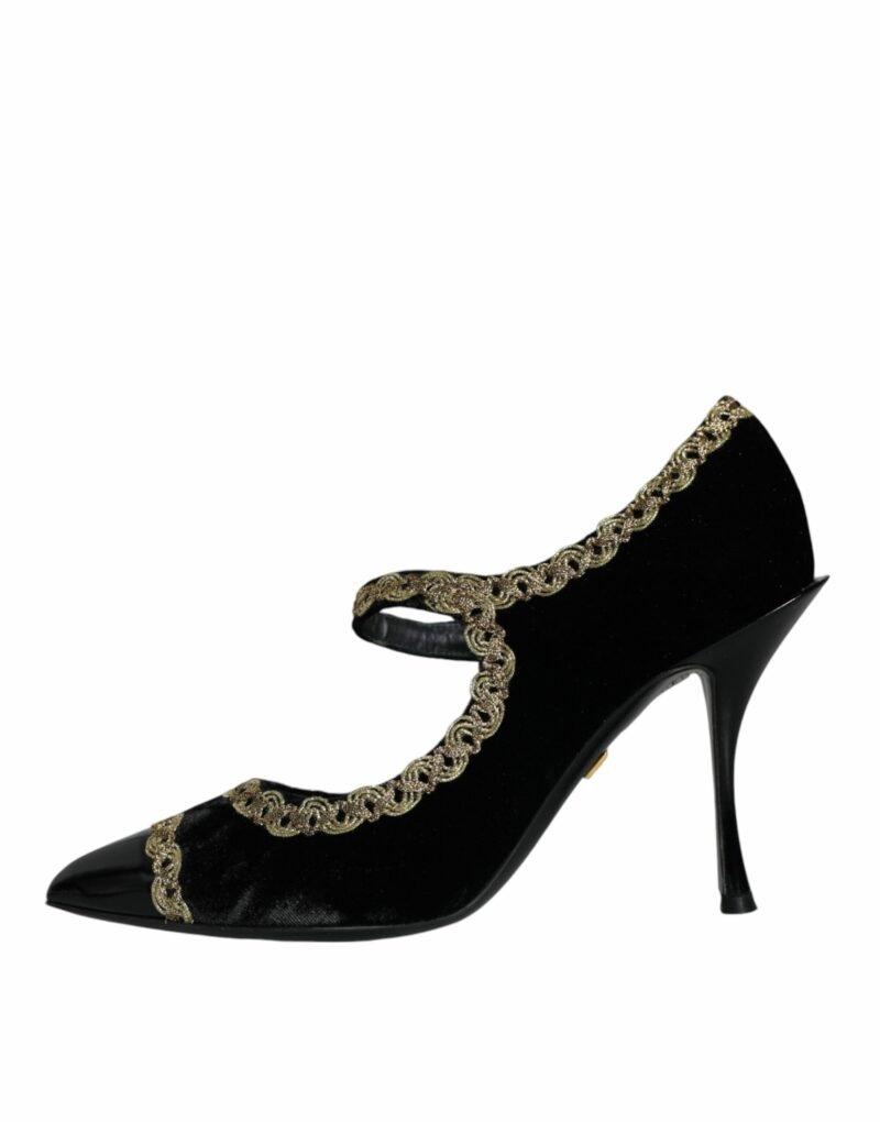 Dolce & Gabbana Black Mary Janes Velvet Gold Pumps Shoes - Image 7