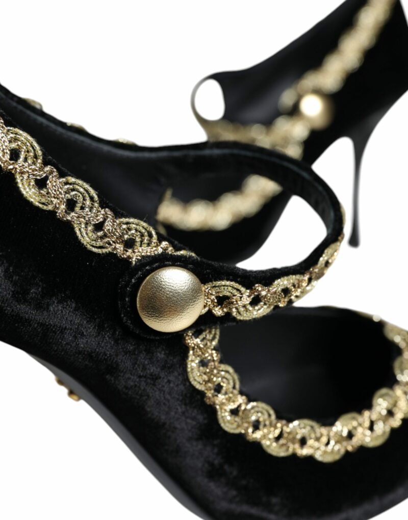Dolce & Gabbana Black Mary Janes Velvet Gold Pumps Shoes - Image 8