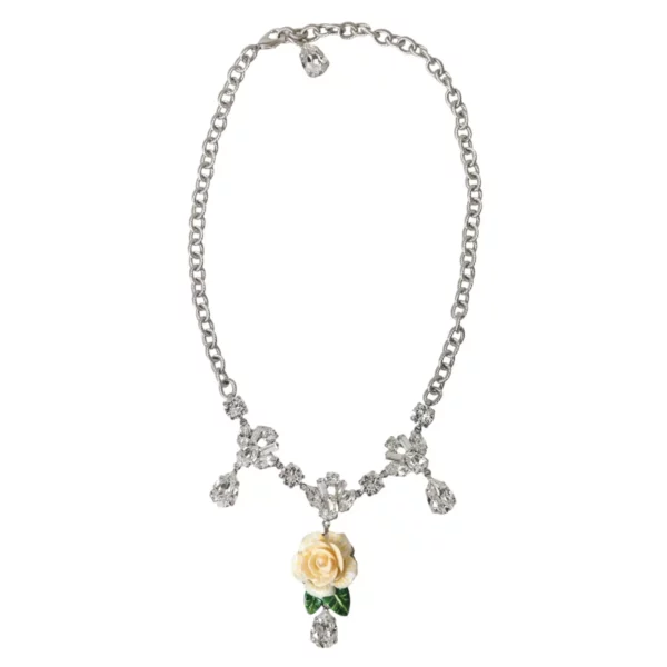 Dolce & Gabbana Silver Brass Clear Crystal Roses Pendants Necklace