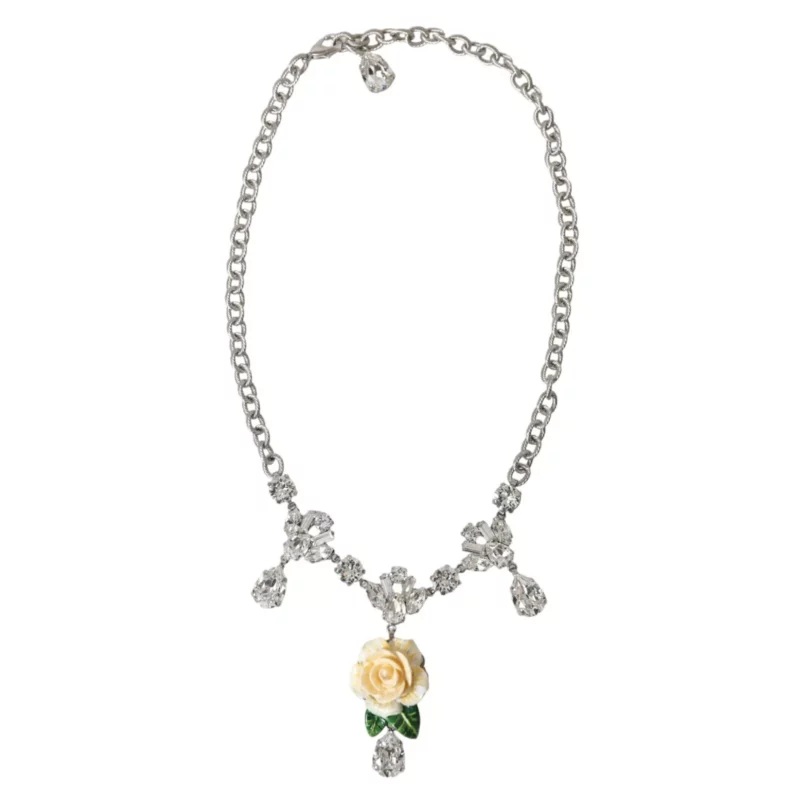 Dolce & Gabbana Silver Brass Clear Crystal Roses Pendants Necklace