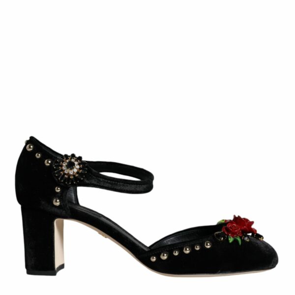 Dolce & Gabbana Black Velvet Roses Ankle Strap Pumps Shoes