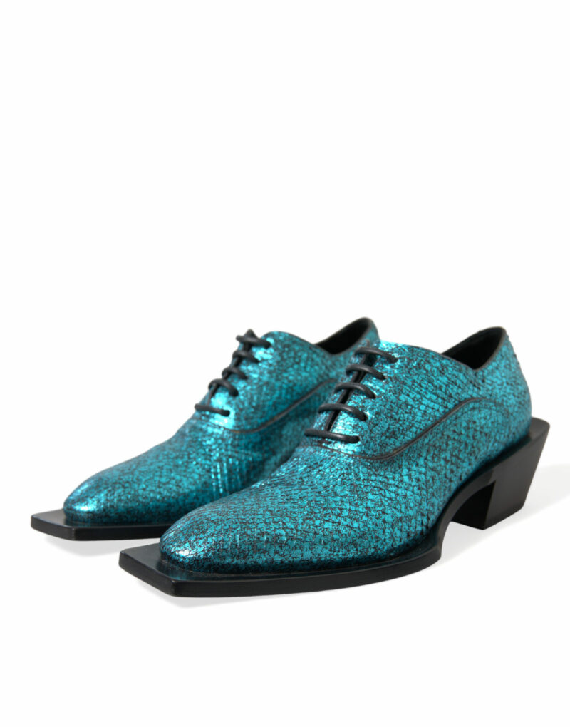 Dolce & Gabbana Blue Leather Derby Block Heels Dress Shoes - Image 6