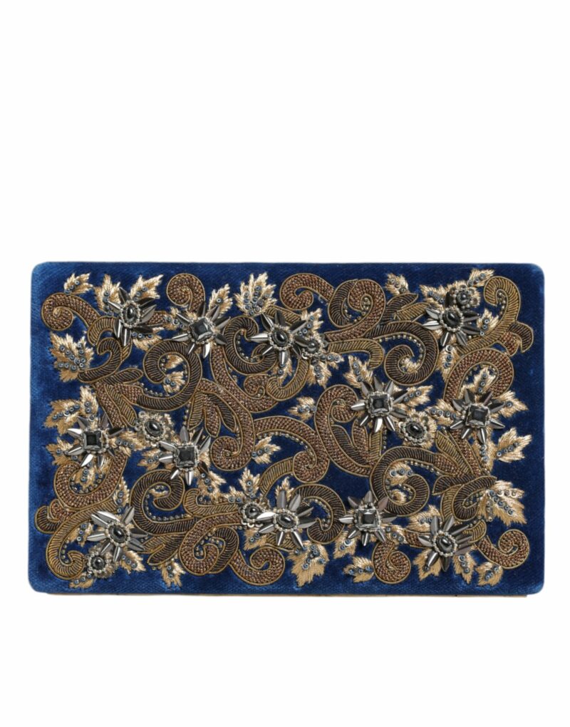Dolce & Gabbana Blue Velvet Gold Frame Clutch Evening Party Purse Bag - Image 3