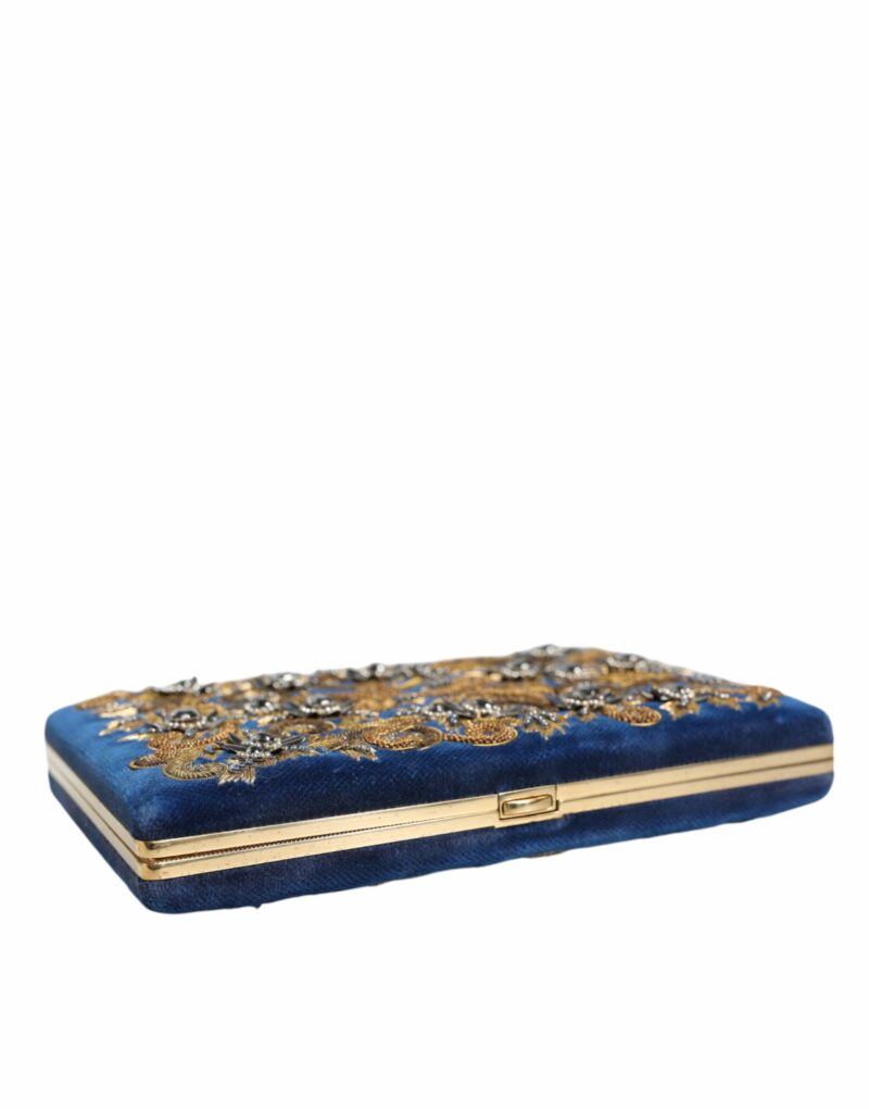 Dolce & Gabbana Blue Velvet Gold Frame Clutch Evening Party Purse Bag - Image 4