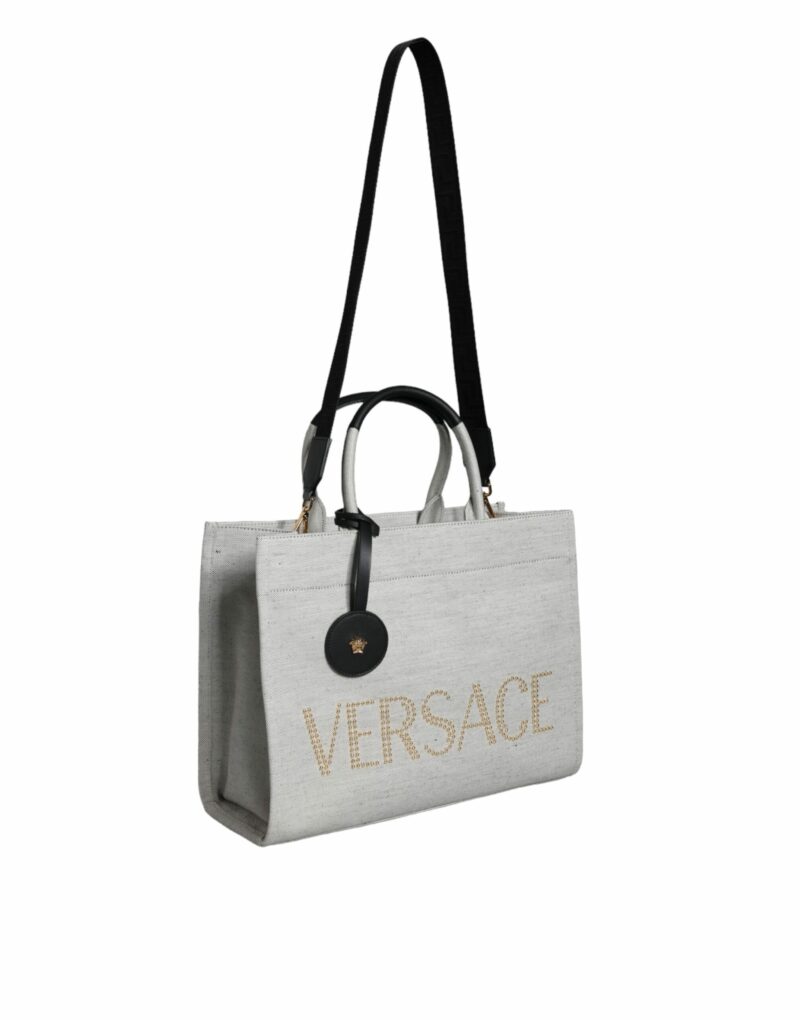 Versace White Top Handle Canvas Leather Logo Crossbody Tote Bag - Image 2