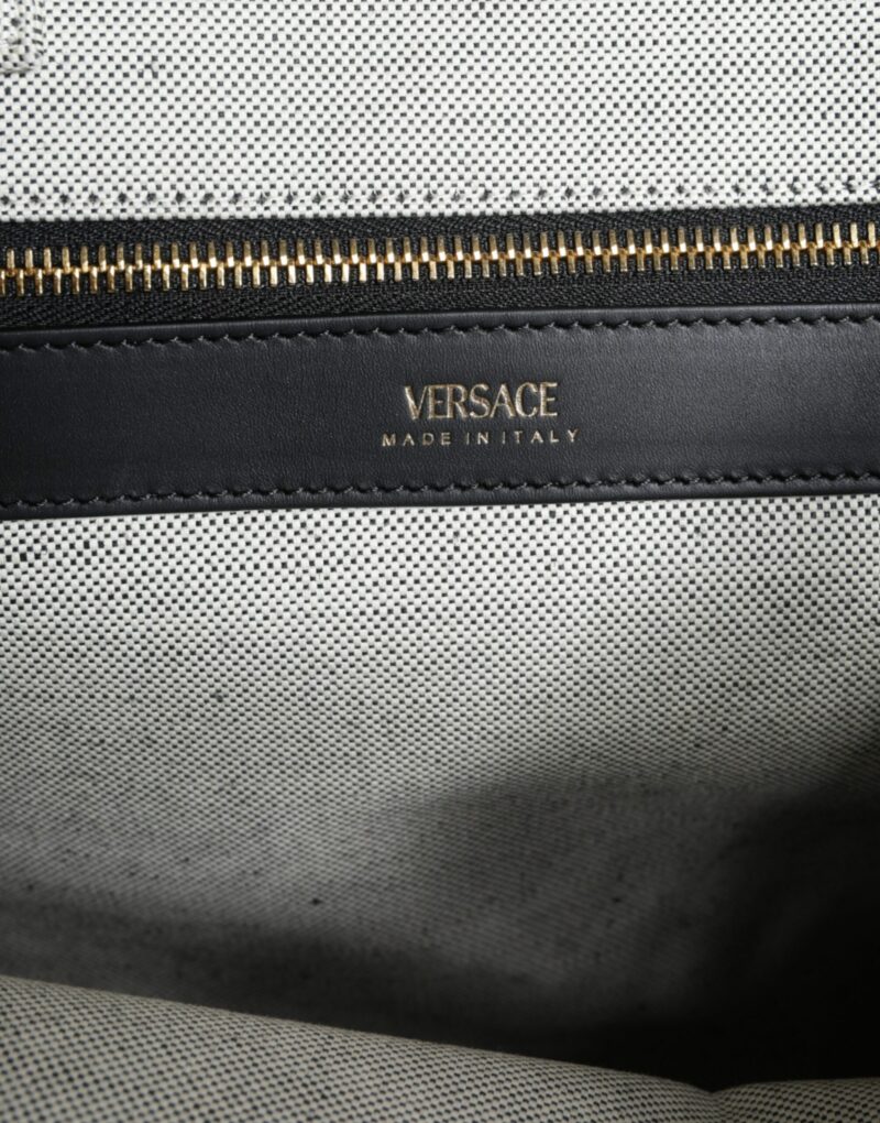 Versace White Top Handle Canvas Leather Logo Crossbody Tote Bag - Image 4