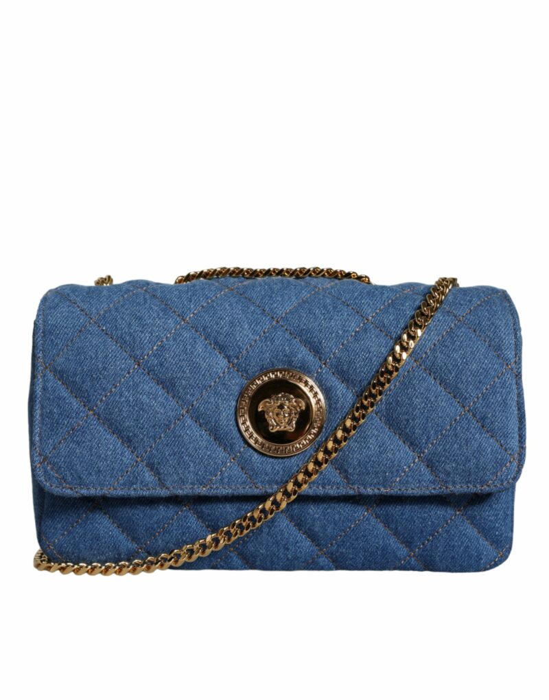 Versace Blue Quilted Denim Leather Crossbody Shoulder Bag - Image 3