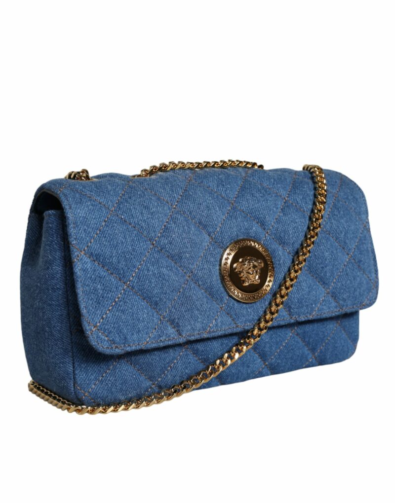Versace Blue Quilted Denim Leather Crossbody Shoulder Bag - Image 4