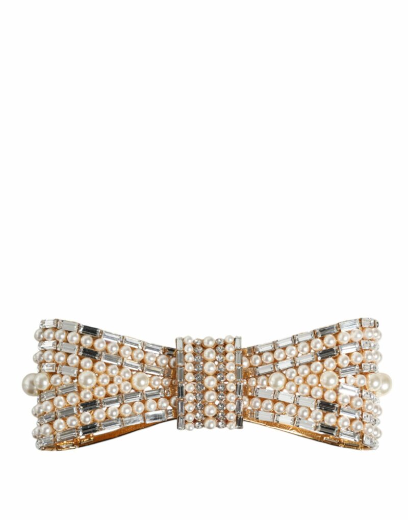 Dolce & Gabbana Gold Tone Brass Bow Crystal FauxPearl Embellished Brooch - Image 2