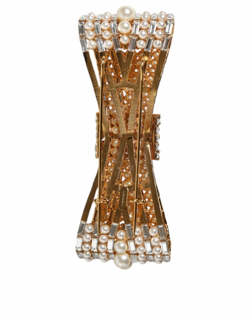 Dolce & Gabbana Gold Tone Brass Bow Crystal FauxPearl Embellished Brooch - Image 3