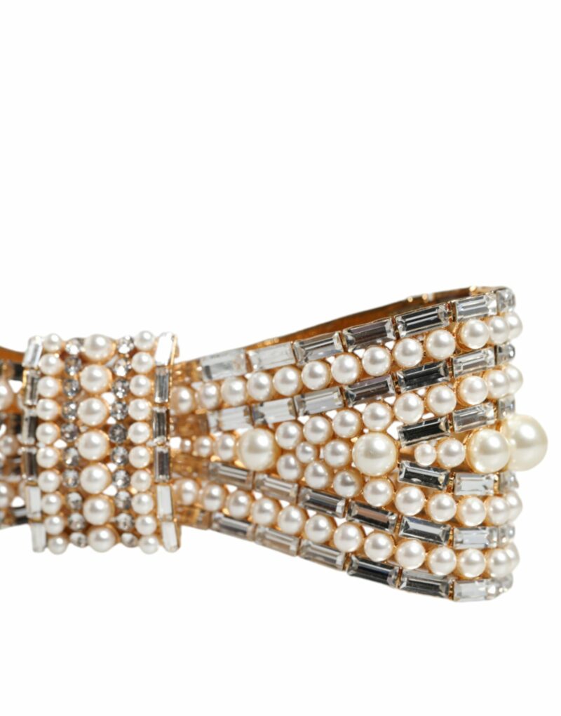 Dolce & Gabbana Gold Tone Brass Bow Crystal FauxPearl Embellished Brooch - Image 4