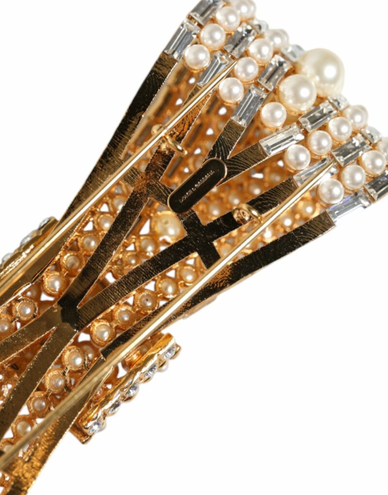 Dolce & Gabbana Gold Tone Brass Bow Crystal FauxPearl Embellished Brooch - Image 5