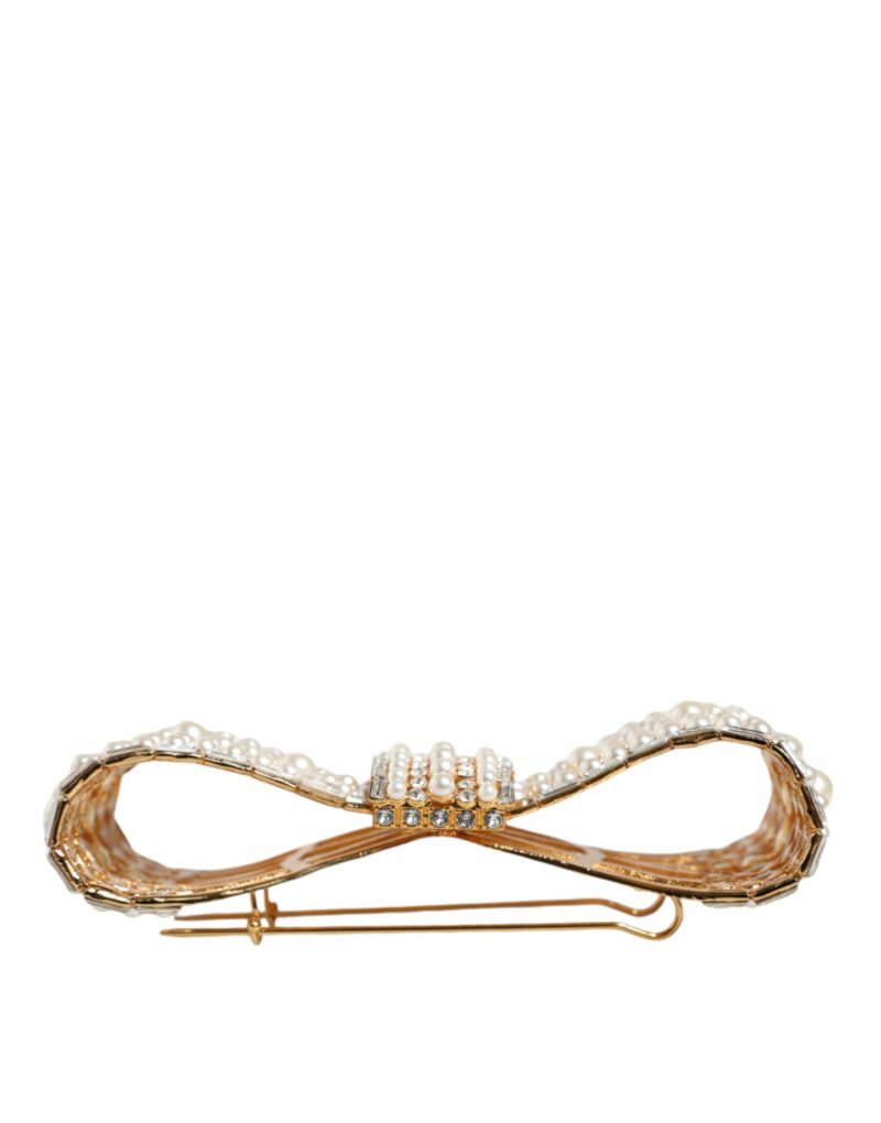 Dolce & Gabbana Gold Tone Brass Bow Crystal FauxPearl Embellished Brooch - Image 6