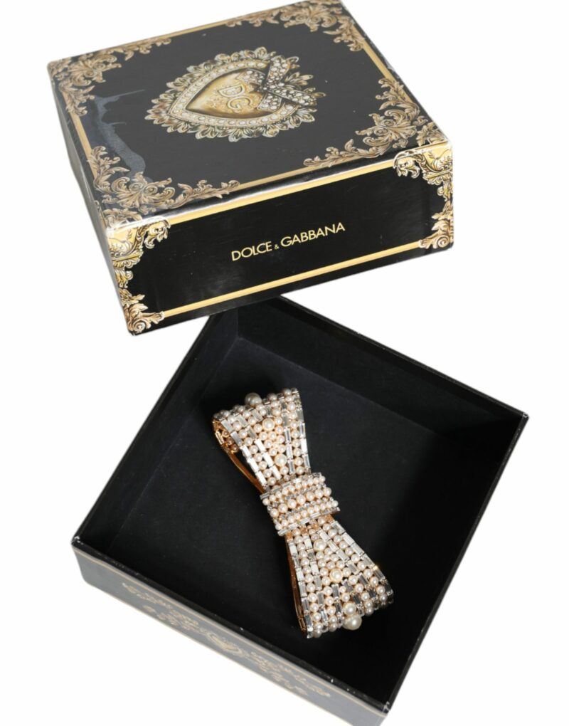Dolce & Gabbana Gold Tone Brass Bow Crystal FauxPearl Embellished Brooch - Image 7