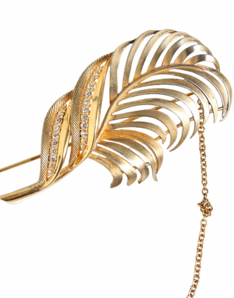 Dolce & Gabbana Gold Tone 925 Sterling Silver Leaf Crystal Chain Brooch - Image 2
