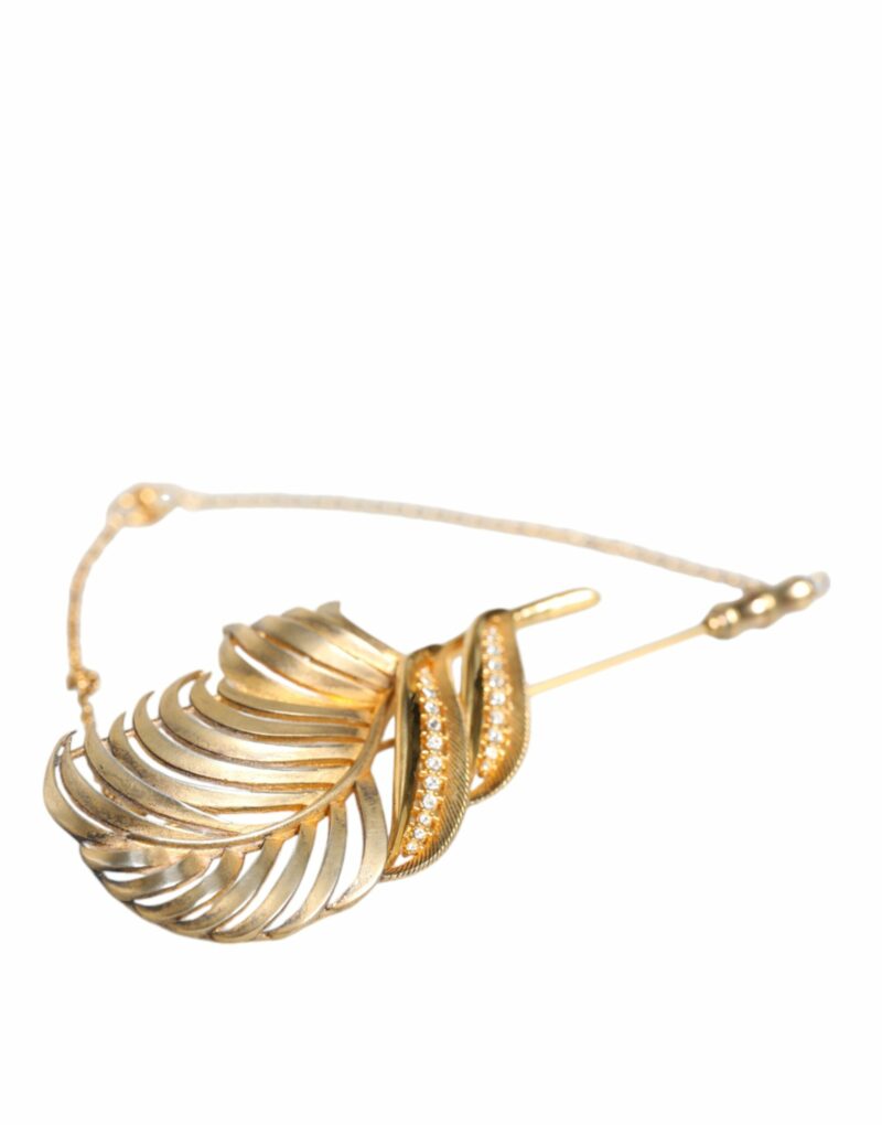 Dolce & Gabbana Gold Tone 925 Sterling Silver Leaf Crystal Chain Brooch - Image 3