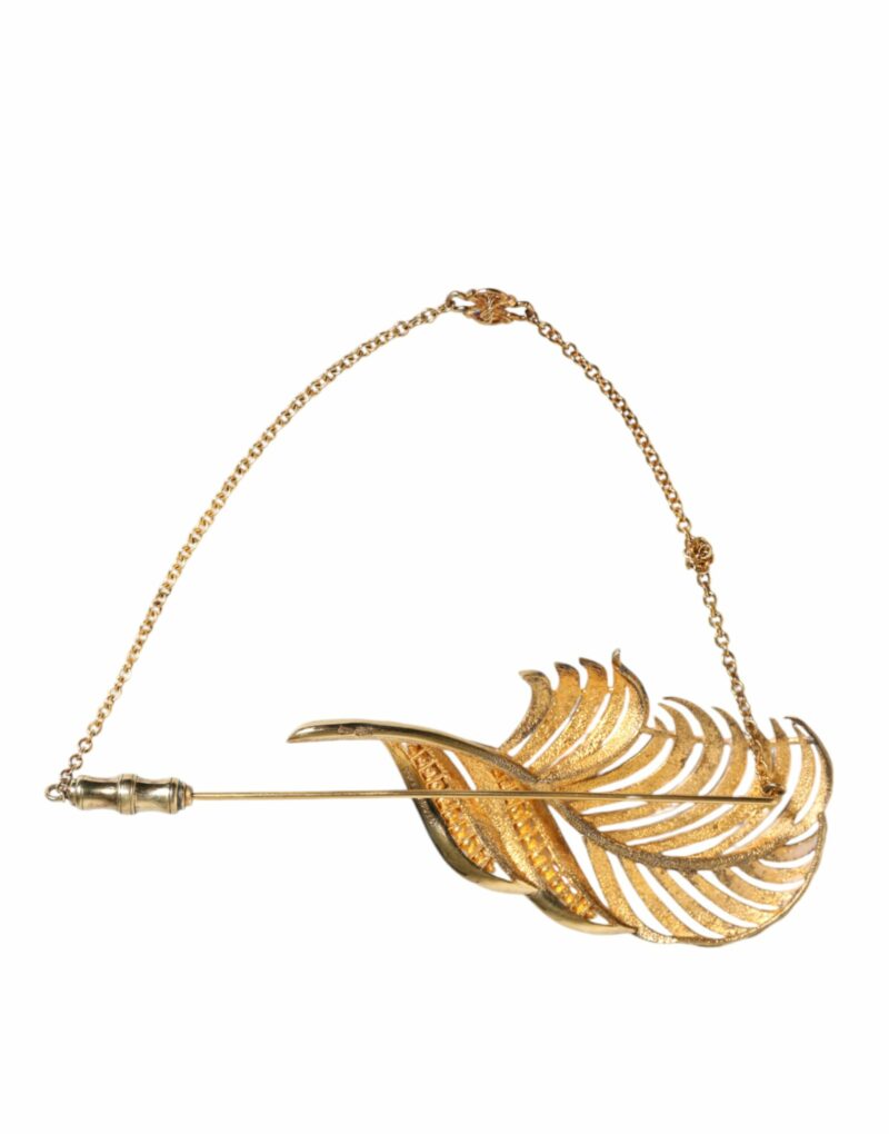 Dolce & Gabbana Gold Tone 925 Sterling Silver Leaf Crystal Chain Brooch - Image 4
