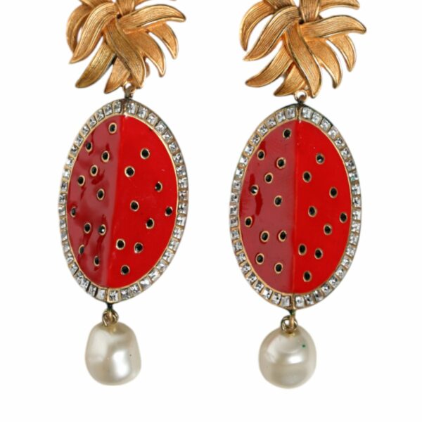 Dolce & Gabbana Red Watermelon Gold Brass Crystal Clip Dangling Earrings