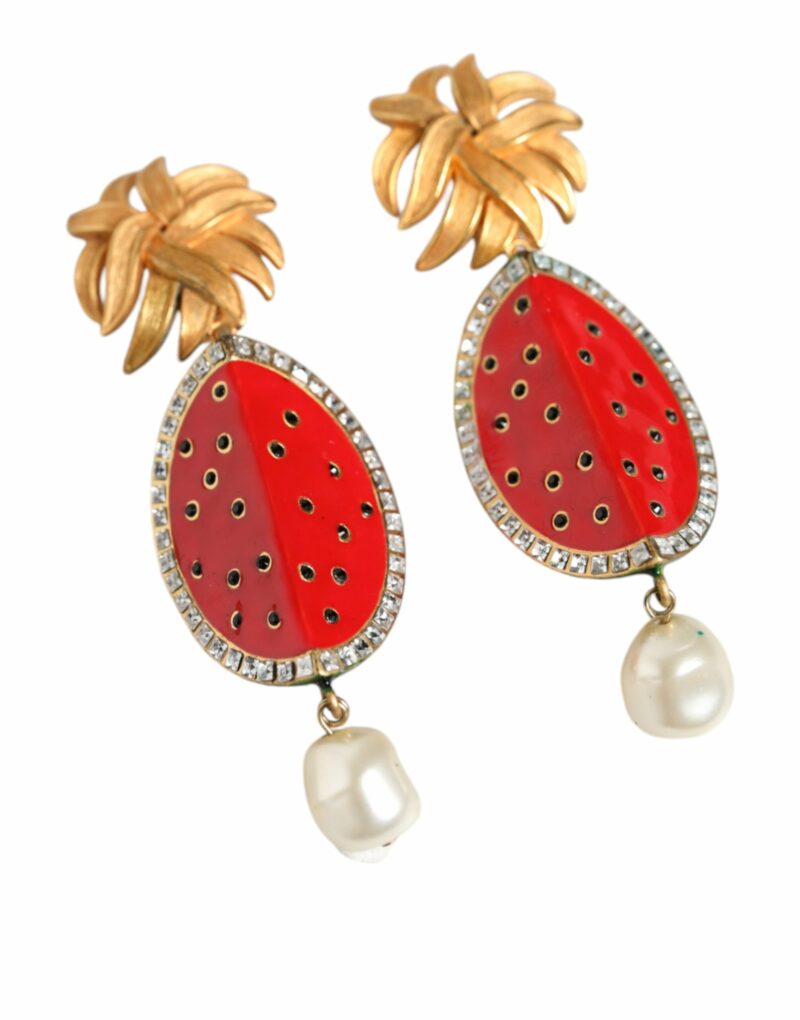 Dolce & Gabbana Red Watermelon Gold Brass Crystal Clip Dangling Earrings - Image 2