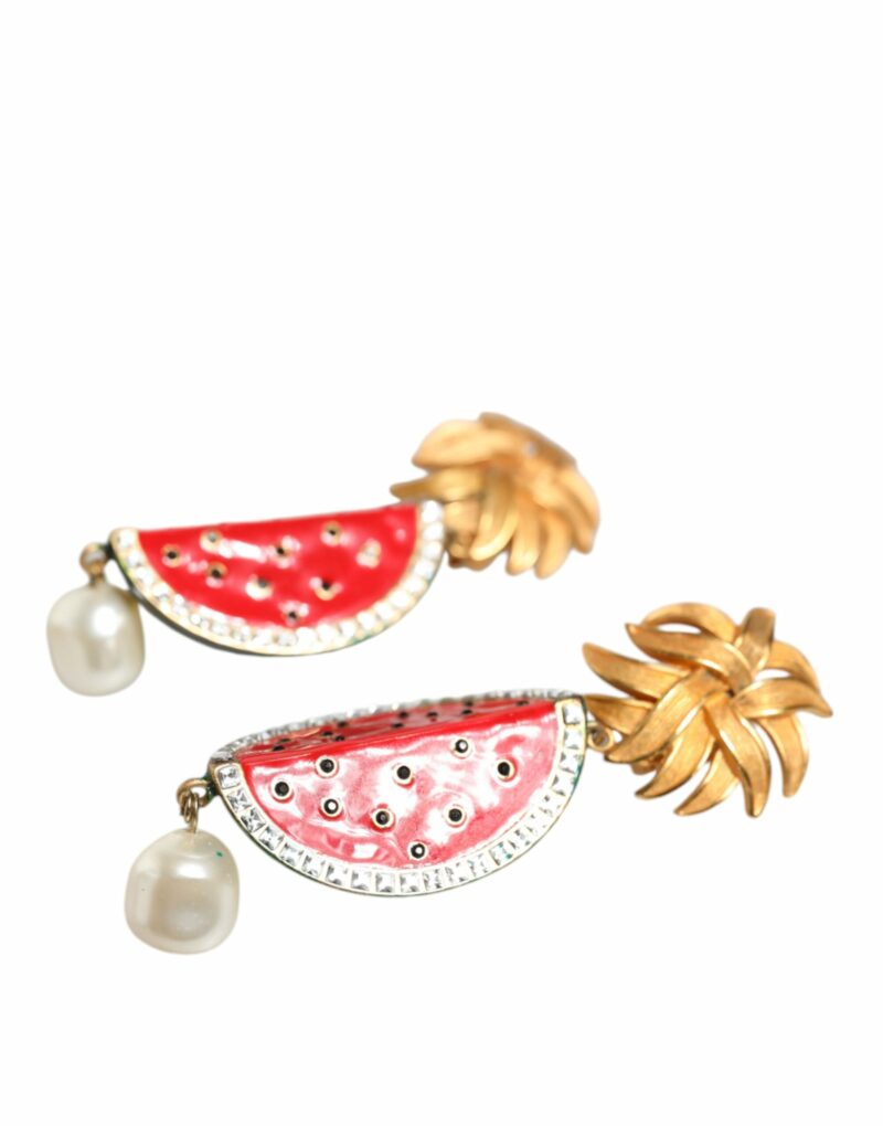 Dolce & Gabbana Red Watermelon Gold Brass Crystal Clip Dangling Earrings - Image 5