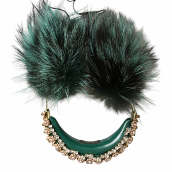Dolce & Gabbana Green Gold Crystal Fur Headset Audio AUX Headphones