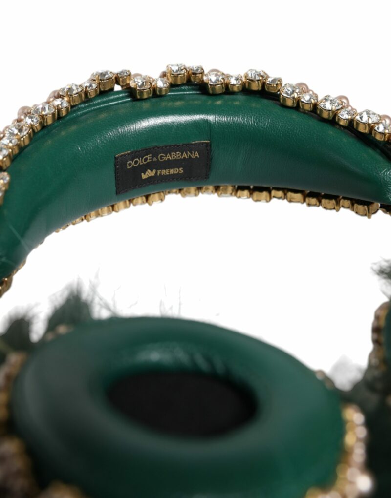 Dolce & Gabbana Green Gold Crystal Fur Headset Audio AUX Headphones - Image 4