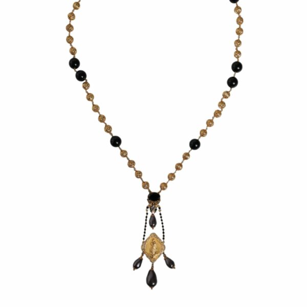 Dolce & Gabbana Gold Chain Brass Black Beaded Rosary Style Necklace