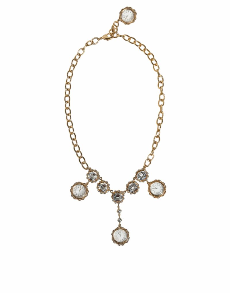 Dolce & Gabbana Gold Chain Brass Crystal Clock Statement Necklace - Image 2