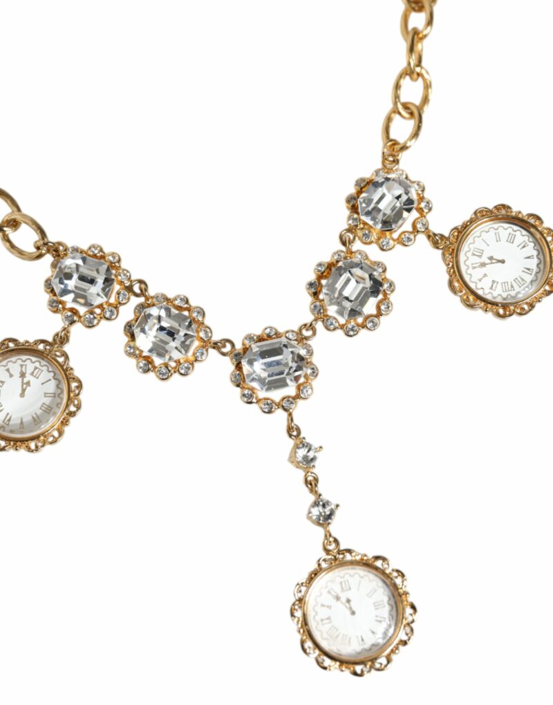 Dolce & Gabbana Gold Chain Brass Crystal Clock Statement Necklace - Image 3