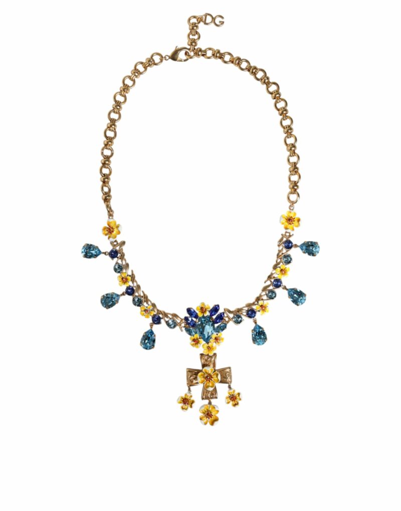 Dolce & Gabbana Gold Brass Chain Floral Crystal Cross Pendant Necklace - Image 2