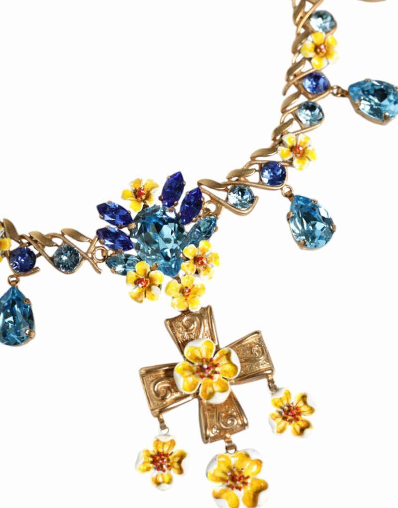 Dolce & Gabbana Gold Brass Chain Floral Crystal Cross Pendant Necklace - Image 3