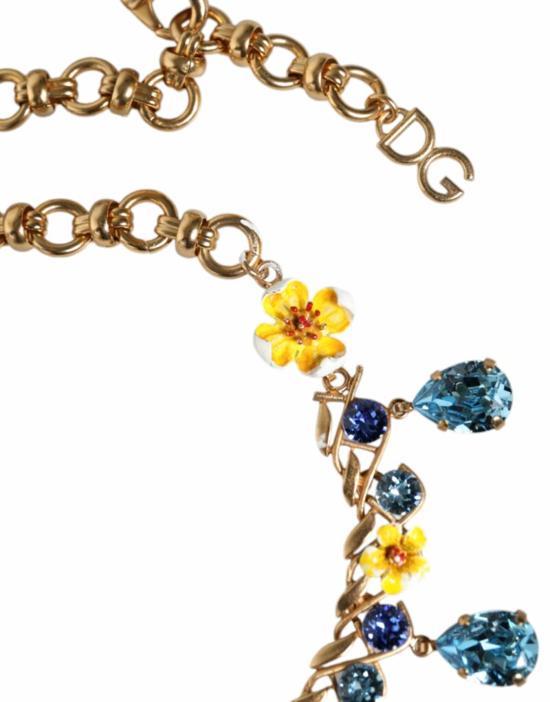 Dolce & Gabbana Gold Brass Chain Floral Crystal Cross Pendant Necklace - Image 4